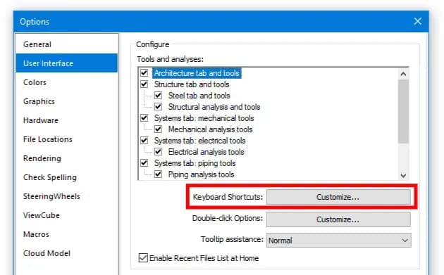 Revit Options window