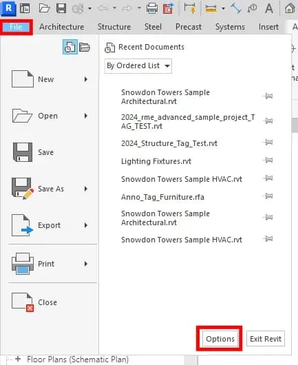 Revit File menu