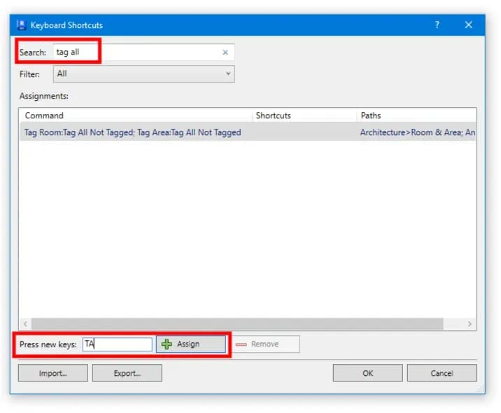 Assign keyboard shortcut for Tag All in Revit