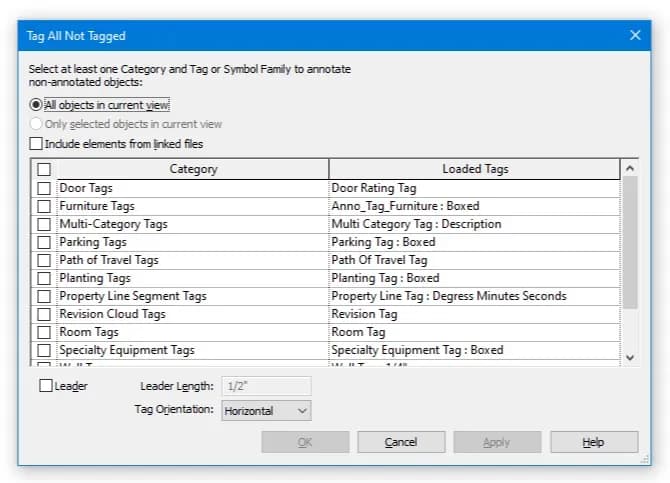 Revit window for Tag All Not Tagged